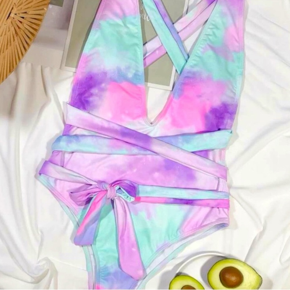 NWOT SHEIN Tie Dye Knot Front One Piece Swimsuit Size Medium - Picture 2 of 4